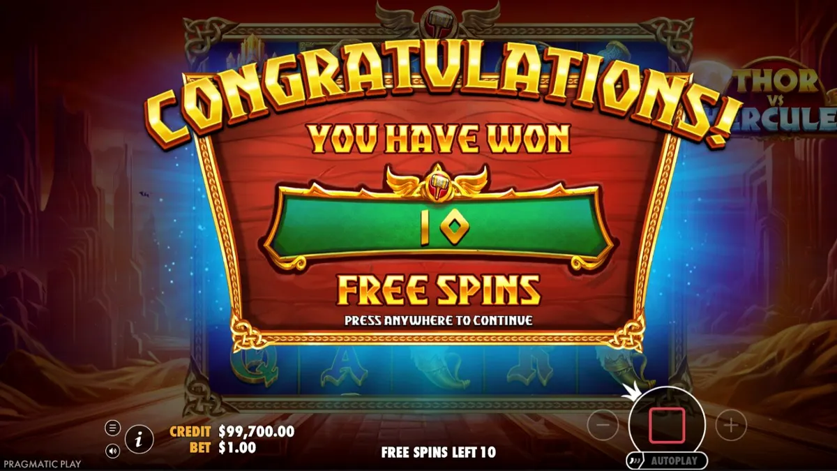 Thor vs Hercules slot machine interface featuring mythical characters