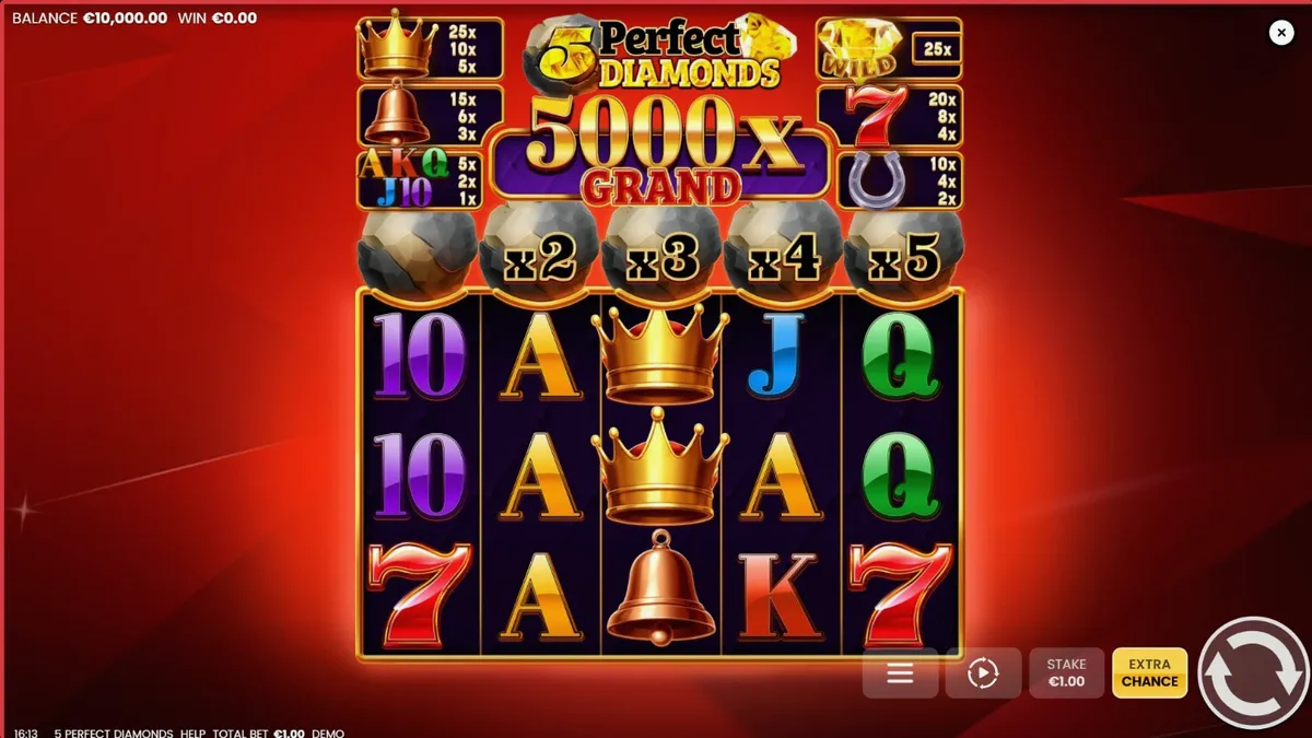 Tampilan visual slot 5 Perfect Diamonds dengan simbol berlian dan latar belakang merah