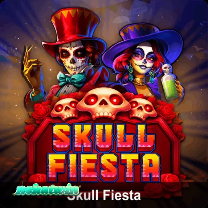 Tampilan layar permainan slot Skull Fiesta pada perangkat seluler dengan latar belakang pemakaman yang meriah.